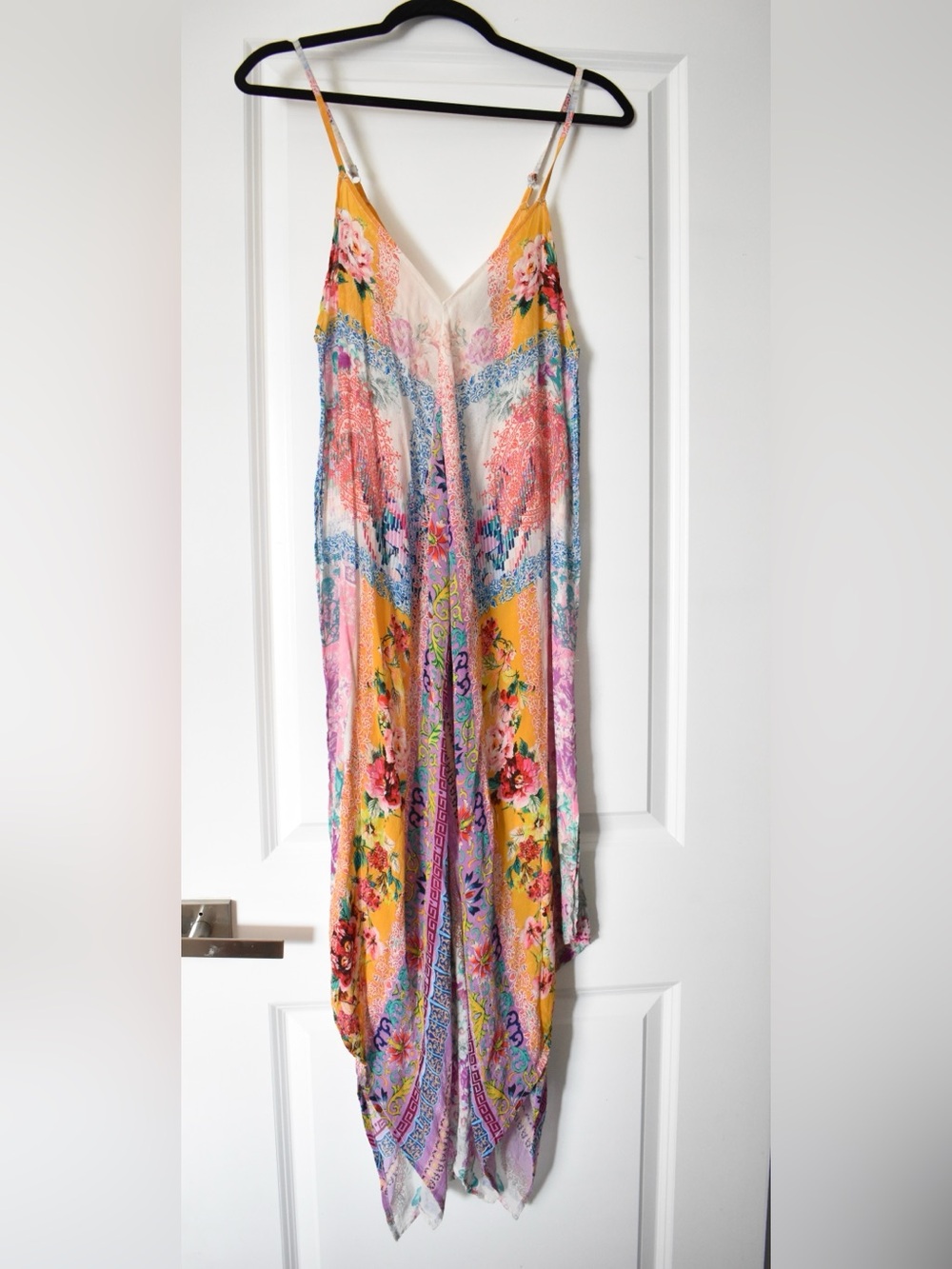 Tropical Feathers by Tolani Handkerchief Hem Maxi Dress Size Large 100% Cupro - Picture 2 of 9